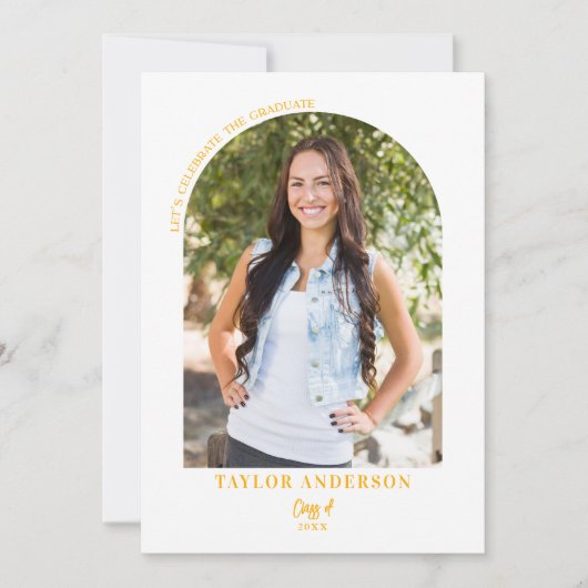 Moderne Script Arch Foto Yellow Graduation Party Einladung (Vorderseite)