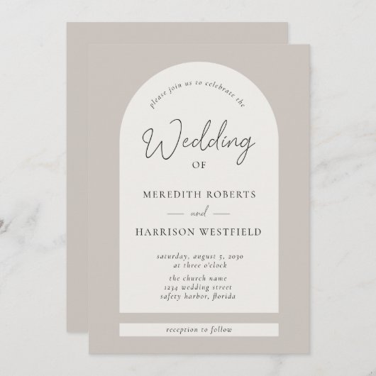 Moderne Script Arch Frame Taupe Ecru Wedding Einladung (Vorne/Hinten)