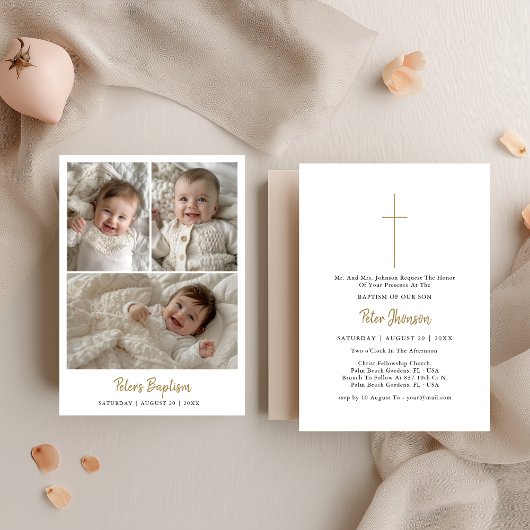 Moderne Script Baby Boy oder Girl Drei Foto Taufe Einladung