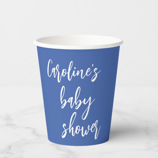 Moderne Script Baby Dusche Custom French Blue Pappbecher (Vorderseite)