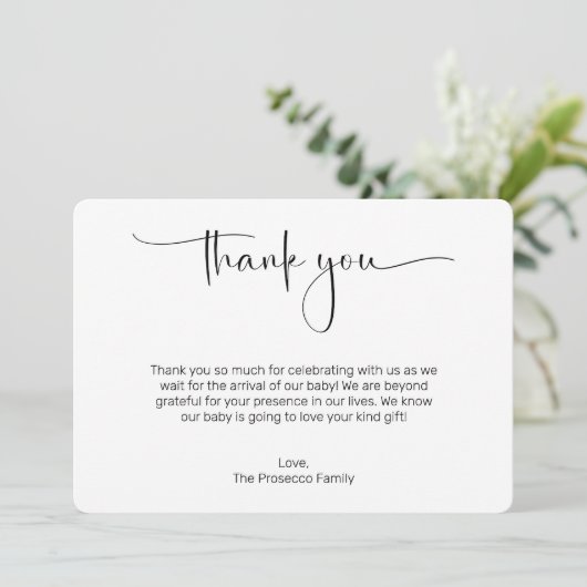 Moderne Script Baby Dusche Danke Karte (Stehend Vorderseite)