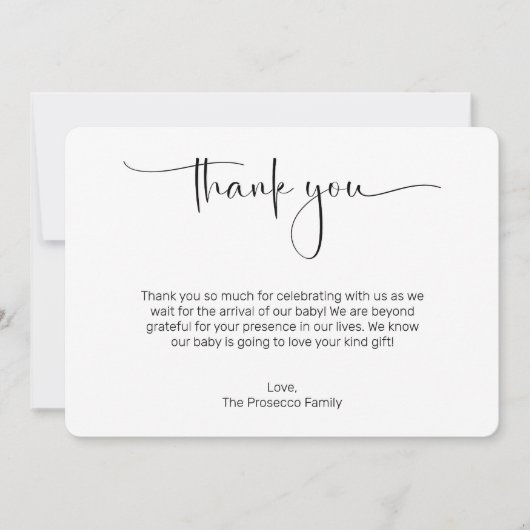 Moderne Script Baby Dusche Danke Karte (Vorderseite)