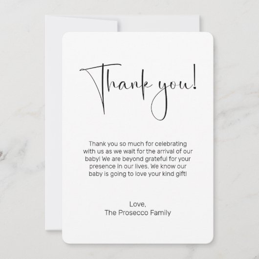 Moderne Script Baby Dusche Danke Karte (Vorderseite)