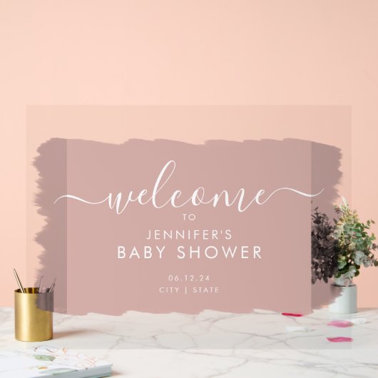Moderne Script Baby Dusche Willkommen Paint Blush Acrylschild (Hochzeit)
