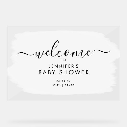 Moderne Script Baby Dusche Willkommen Paint White Acrylschild (Vorderseite)