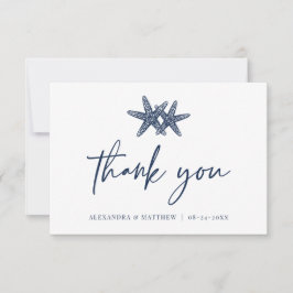 Moderne Script Beach Starfish Blue Wedding Dankeskarte