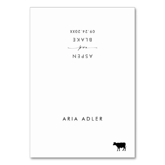 Moderne Script Beef Menü Name Hochzeit Platzkarten Tischnummer (Vorderseite)