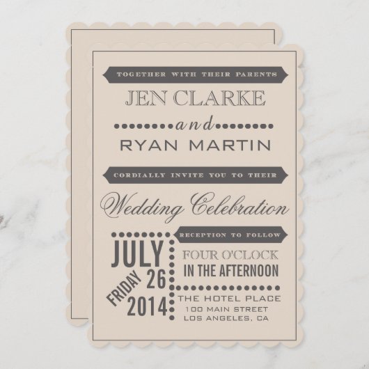 Moderne Script Beige & Gray Wedding Einladung (Vorne/Hinten)