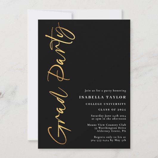 Moderne Script Black Gold Graduation Party Einladung (Vorderseite)