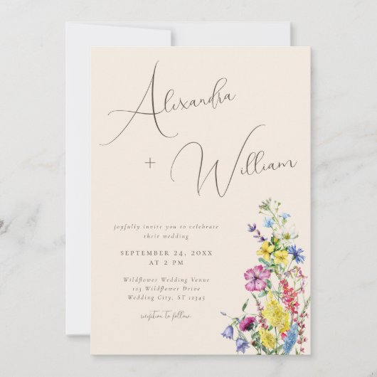 Moderne Script Boho Wildblume Wedding Einladung (Vorderseite)