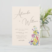 Moderne Script Boho Wildblume Wedding Einladung (Stehend Vorderseite)