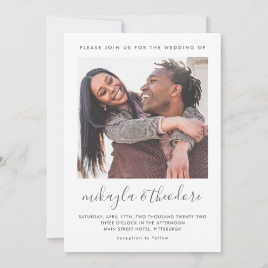 Moderne Script Botanical Foto Hochzeit Einladung (Vorderseite)