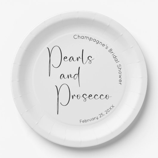 Moderne Script Brautparty Perlen und Prosecco Pappteller (Vorderseite)