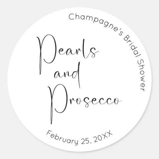 Moderne Script Brautparty Perlen und Prosecco Runder Aufkleber (Vorderseite)