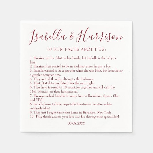 Moderne Script Burgundy Fun Fakten Hochzeiten Napk Serviette (Vorderseite)