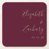 Moderne Script Burgundy Gold Wedding Rechteckiger Pappuntersetzer (Vorderseite)
