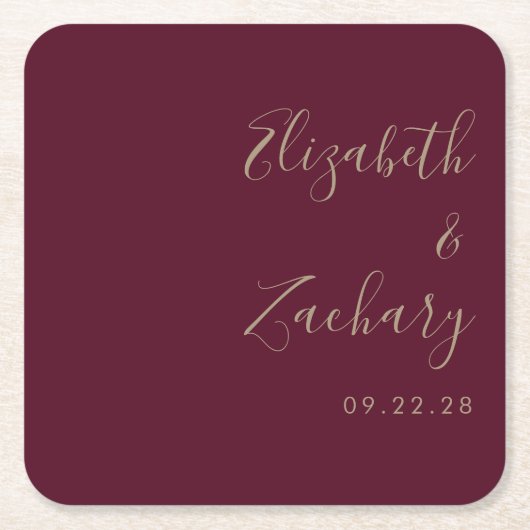 Moderne Script Burgundy Gold Wedding Rechteckiger Pappuntersetzer (Vorderseite)