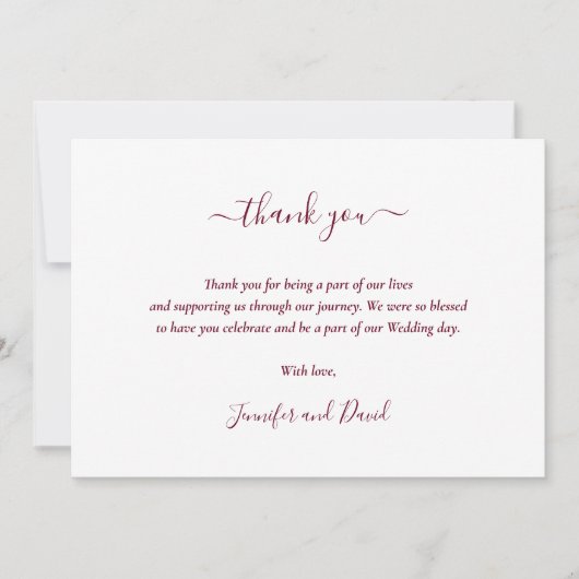 Moderne Script Burgundy Wedding Dankeskarte (Vorderseite)