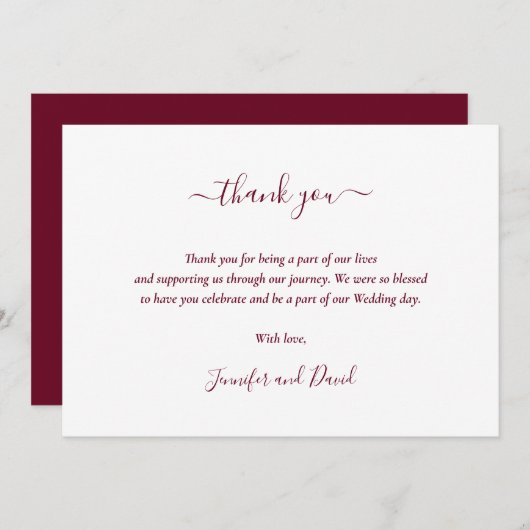 Moderne Script Burgundy Wedding Dankeskarte (Vorne/Hinten)