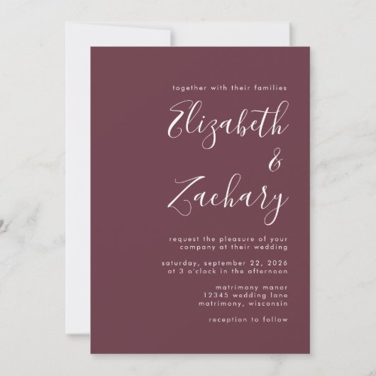 Moderne Script Burgundy Wedding Einladung (Vorderseite)