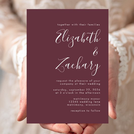 Moderne Script Burgundy Wedding Einladung