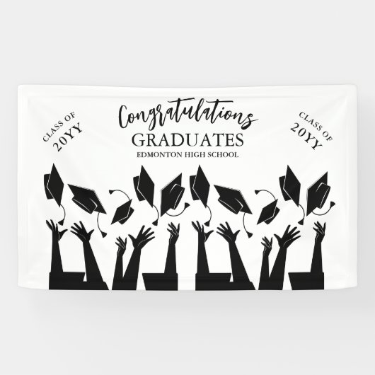 Moderne Script Cap Toss White Graduation Party Banner (Horizontal)