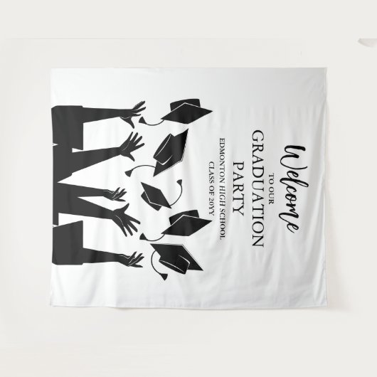 Moderne Script Cap Toss White Graduation Party Wandteppich (Vorderseite (Horizontal))