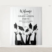 Moderne Script Cap Toss White Graduation Party Wandteppich (Vorderseite)