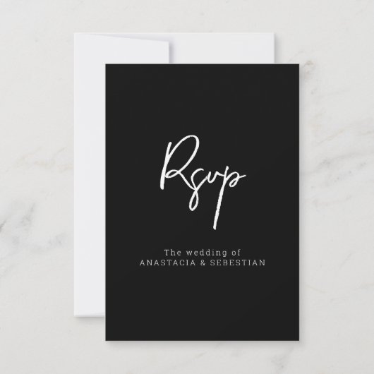Moderne Script Chic Black and White Wedding RSVP Karte (Rückseite)