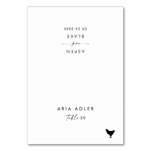 Moderne Script Chicken Menu Option-Platzkarten Tischnummer (Vorderseite)