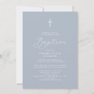 Moderne Script Dusty Blue Baby Foto Taufe Einladung
