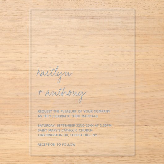 Moderne Script Dusty Blue Minimalistic Wedding Acryleinladungen (Vorderseite)