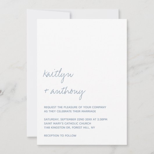 Moderne Script Dusty Blue Minimalistic Wedding Einladung (Vorderseite)