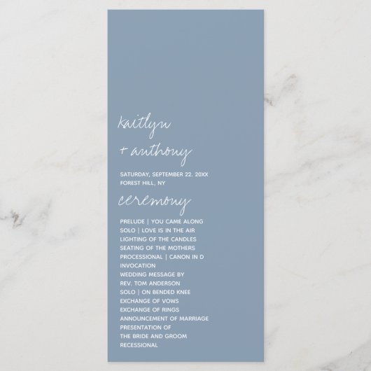 Moderne Script Dusty Blue Minimalistic Wedding Programm (Vorderseite)