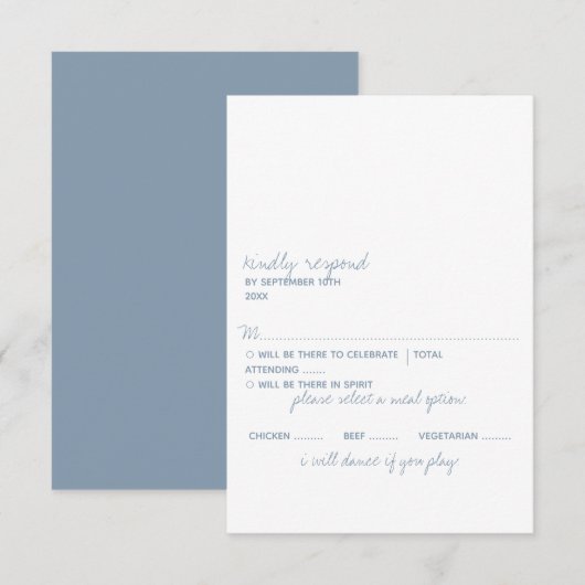 Moderne Script Dusty Blue Minimalistic Wedding RSVP Karte (Vorne/Hinten)