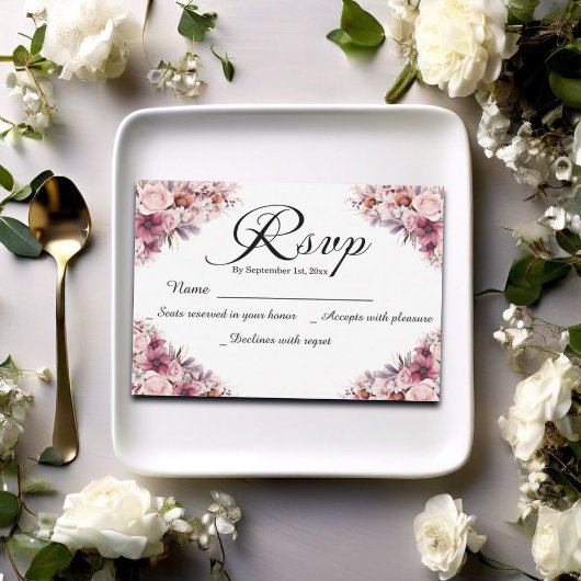 Moderne Script Dusty Pink Floral Wedding RSVP Card Karte