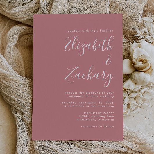 Moderne Script Dusty Rose Hochzeit Einladung