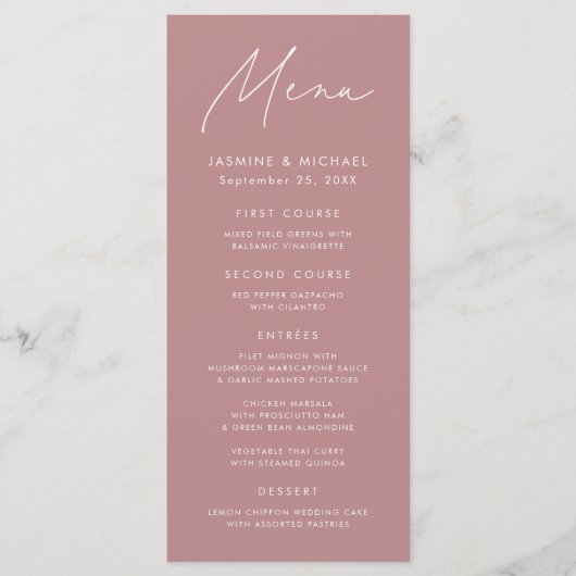 Moderne Script Dusty Rose Hochzeit Menükarte (Vorderseite)