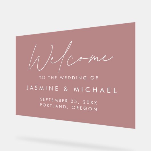 Moderne Script Dusty Rose Hochzeit Willkommen Acrylschild (Winkel)