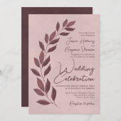 Moderne Script Dusty Rose & Mauve Blätter Hochzeit Einladung (Vorne/Hinten)