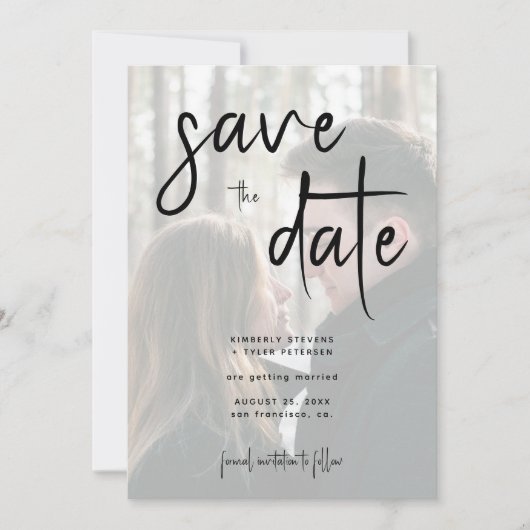 Moderne Script einfache Foto QR Code Hochzeit Save The Date (Vorderseite)