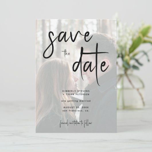 Moderne Script einfache Foto QR Code Hochzeit Save The Date (Stehend Vorderseite)