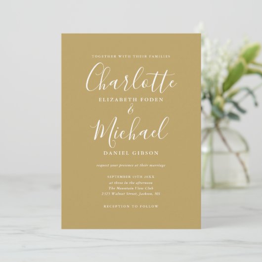 Moderne Script Elegant Gold Wedding Einladung (Stehend Vorderseite)