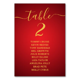Moderne Script Elegante Red Gold Seating Chart Car Tischnummer