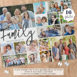 Moderne Script FAMILY 16 Foto Collage Puzzle<br><div class="desc">Erstellen Sie ein Foto-Memory-Puzzle mit dem Titel FAMILY in einer modernen Skripttypografie und personalisiert mit Ihrem Familiennamen in Ihrer Auswahl von Text und Hintergrundfarben (in grau auf weiß). Diese leicht hochzuladende Foto Collage Vorlage hat 16 Bilder in verschiedenen Formen und Größen. HILFE: Für Hilfe bei Designänderungen oder Personalisierungen, Farbänderungen oder...</div>