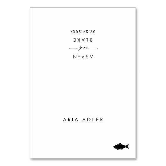 Moderne Script Fish Menu Name Wedding Platzkarten Tischnummer (Vorderseite)