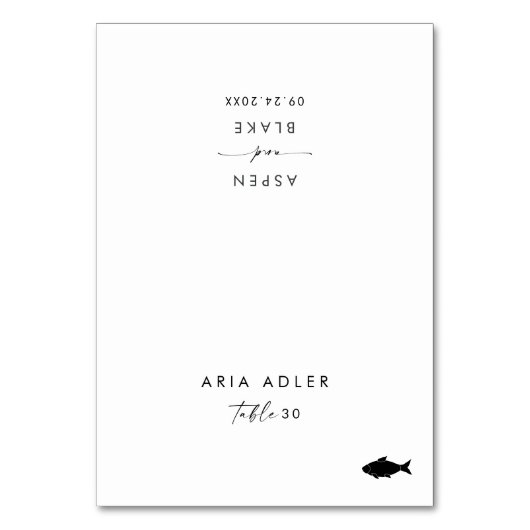 Moderne Script Fish Menu Option Platzkarten Tischnummer (Vorderseite)