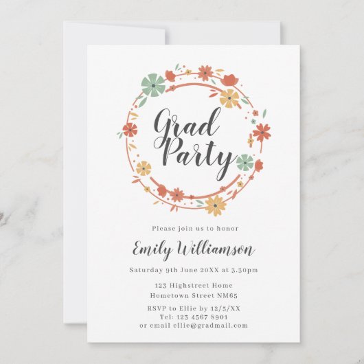 Moderne Script-Floral Graduation Party Einladung (Vorderseite)