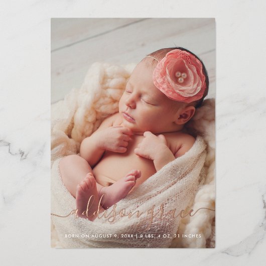 Moderne Script Foto Collage Geburtserklärung Folieneinladung (Vorderseite)