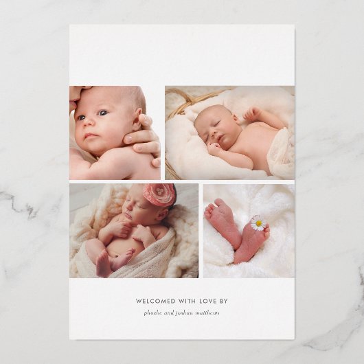 Moderne Script Foto Collage Geburtserklärung Folieneinladung (Rückseite)